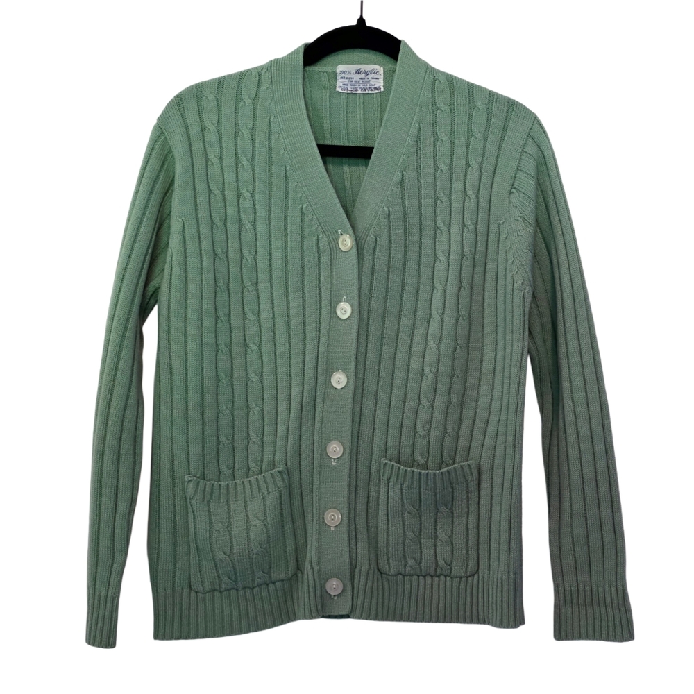 Cable Knit Grannycore Vintage Cardigan Button Down Green Front Pockets Medium